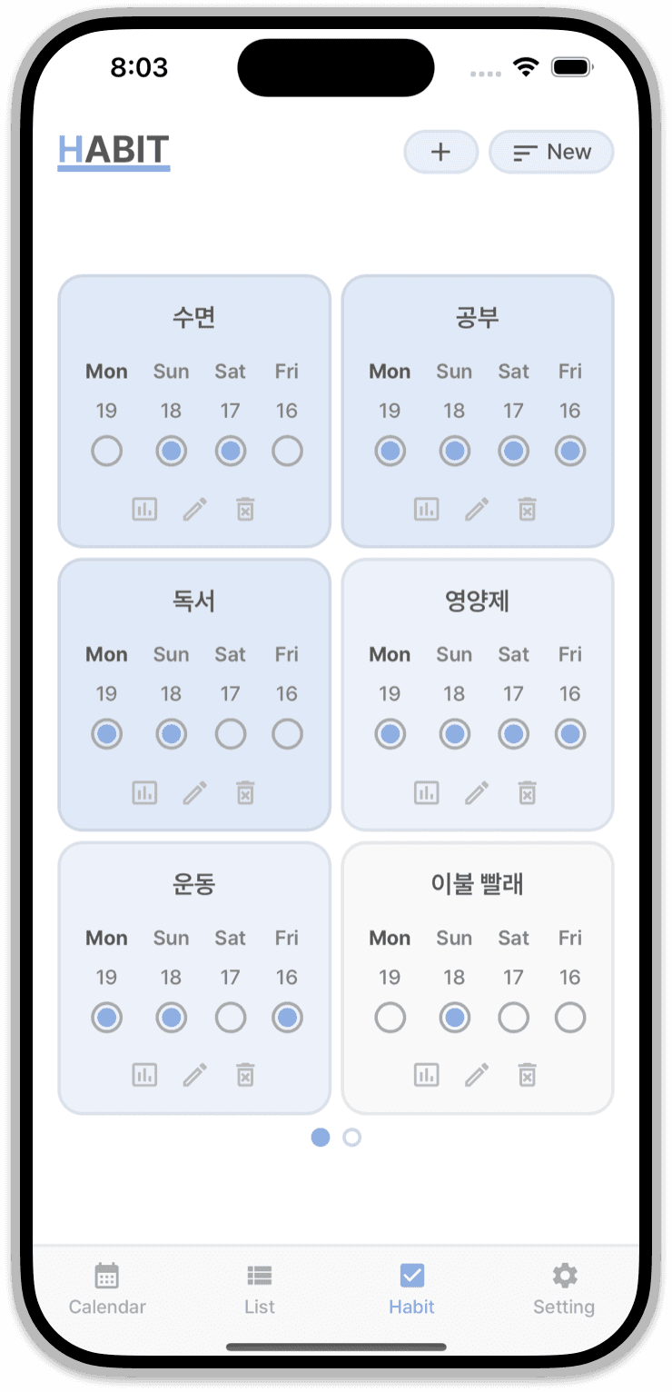 습관 관리 화면 미리보기